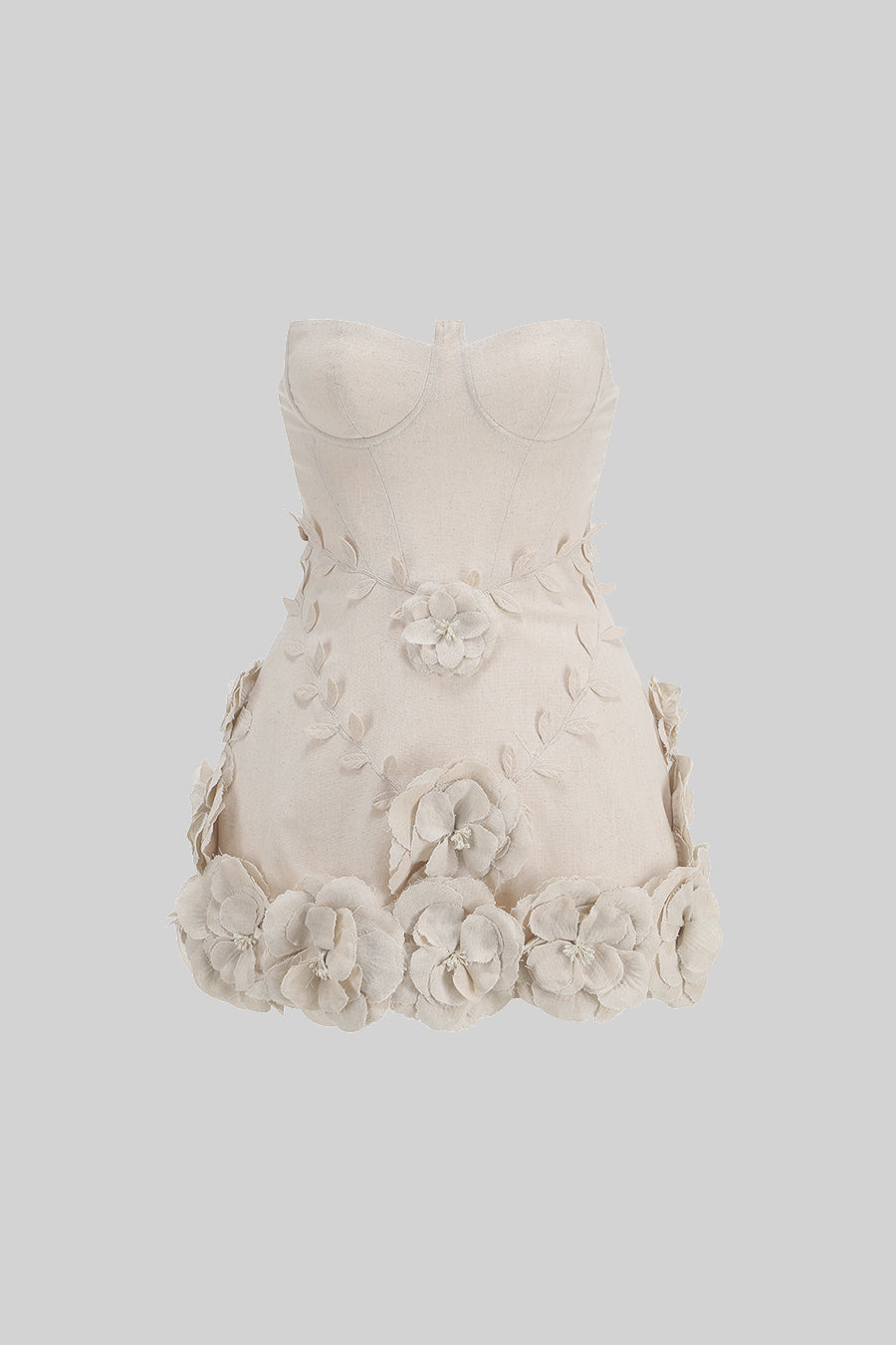Bustier Dress With 3D Floral Appliqués - Ivoire - View 3