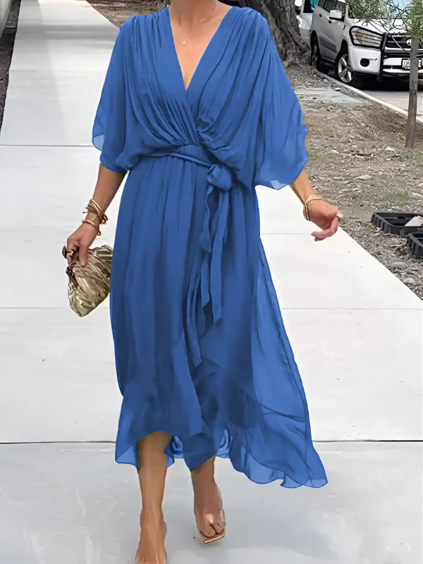 Chiffon Deep V-Neck Batwing Tie Waist High Low Midi Dress 2