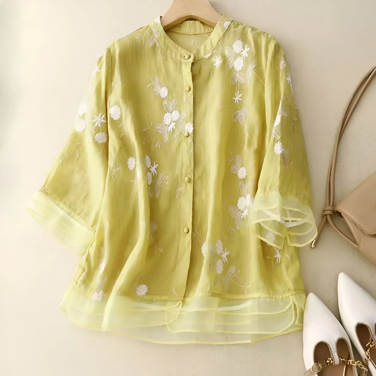 Stand Collar Floral Embroidered Sheer Button Front Blouse 3