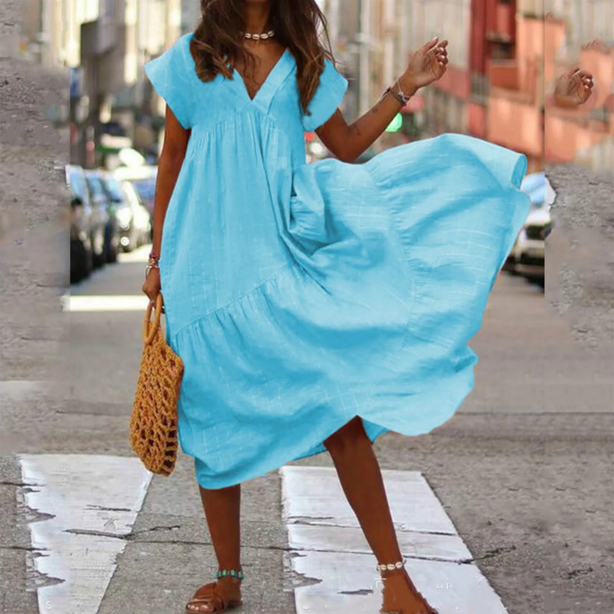 V-Neck Flutter Sleeve Tiered Ruffle Smock Midi Dress - View 2