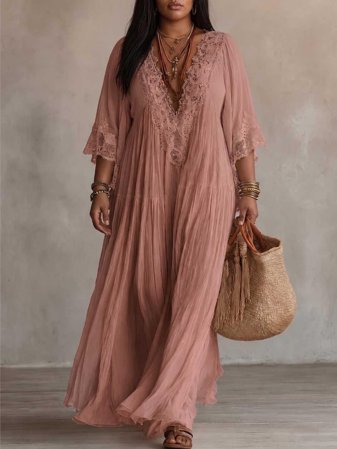 Lace Trim V-Neck Long Sleeve Boho Flowy Maxi Dress 8