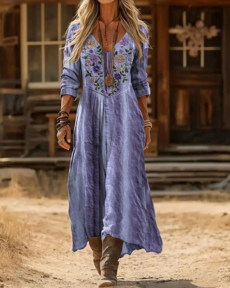 Embroidered V-Neck Long Sleeve A-Line Maxi Dress 7