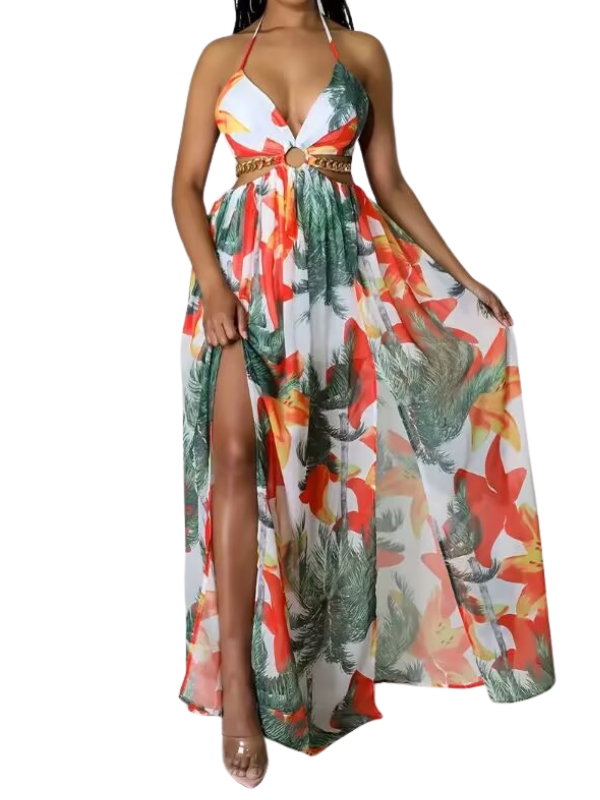 Tropical Floral Deep V-Neck Chain Waist High Split Maxi Dress 3