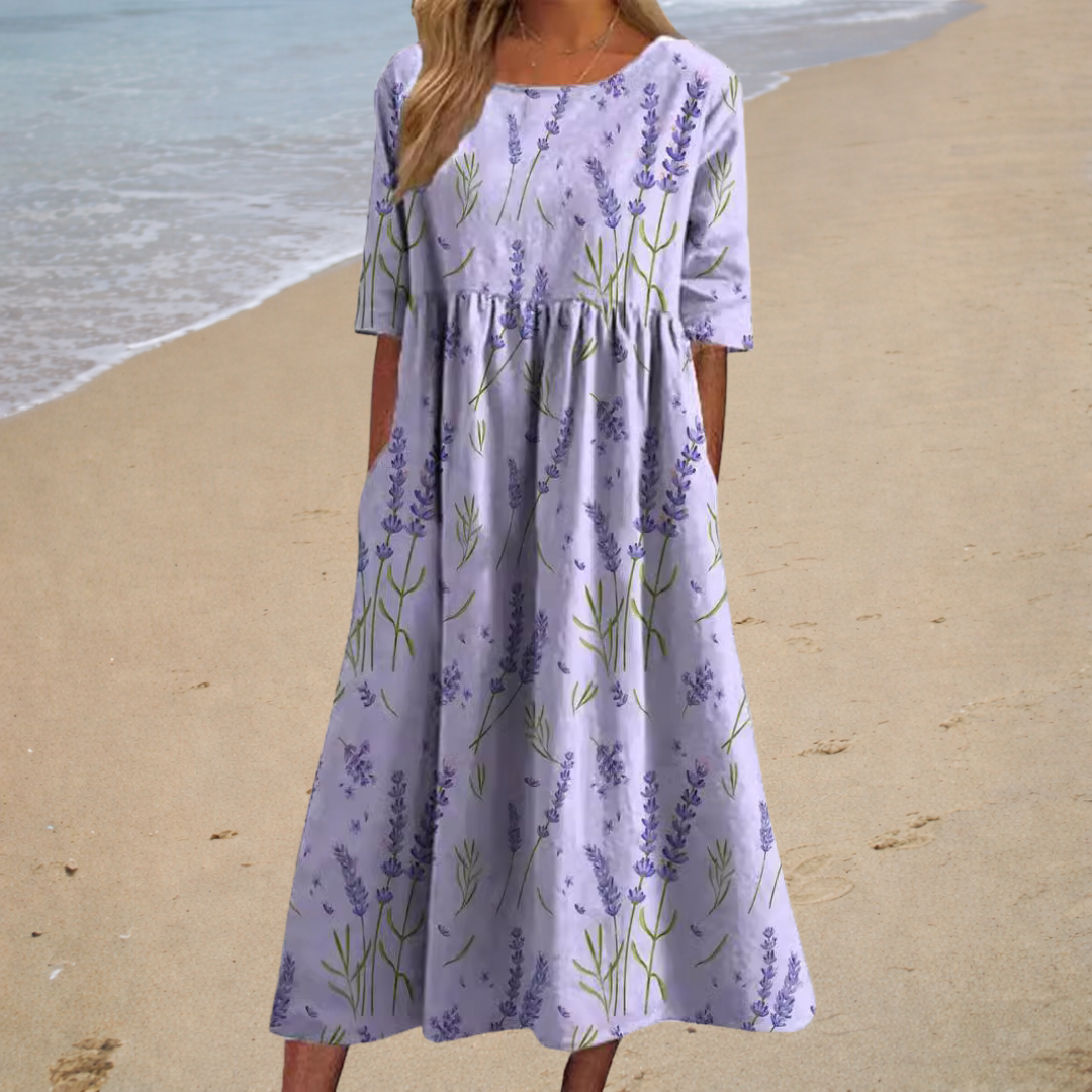 Rose Floral Print Round Neck Half Sleeve Pocket Maxi Dress 3