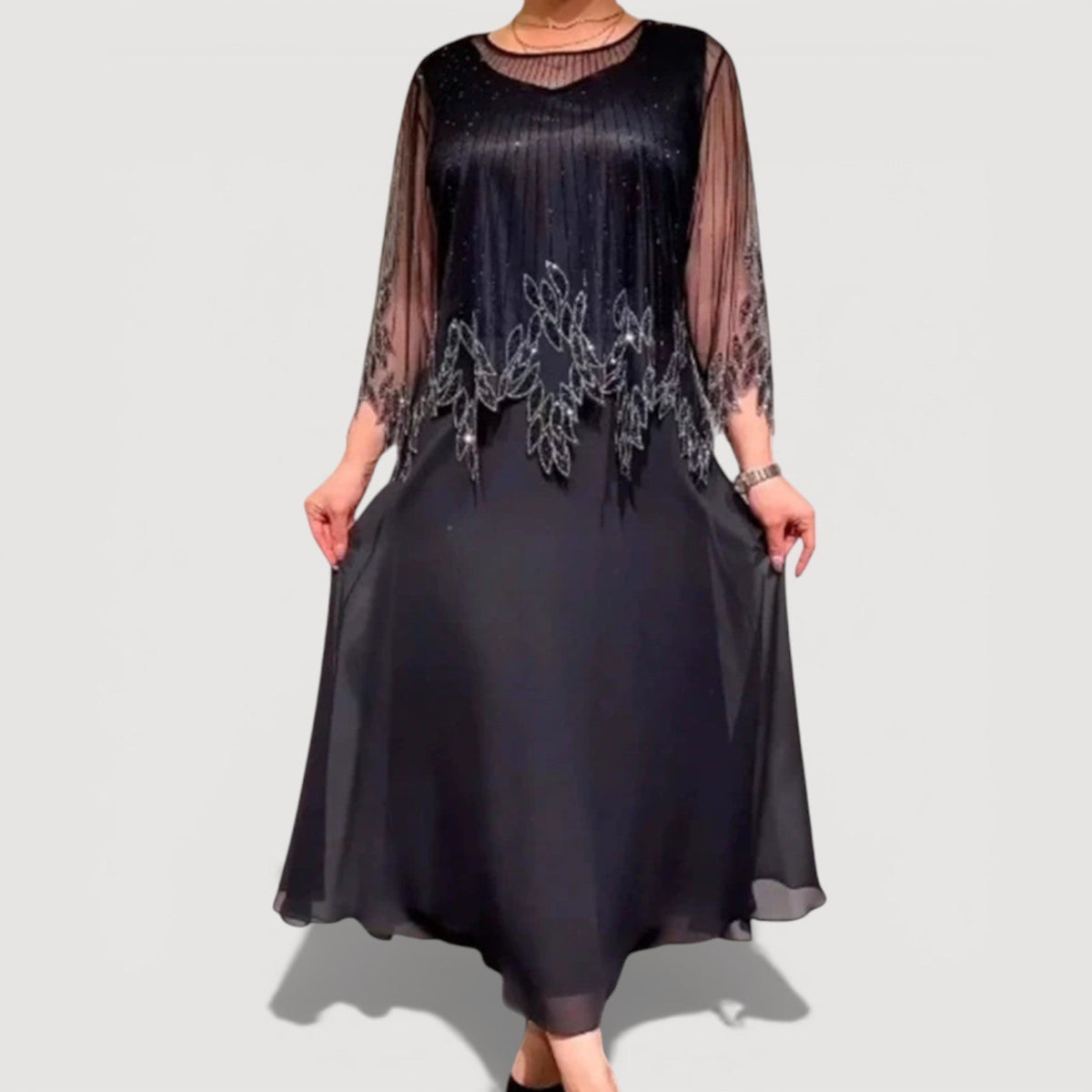 Beaded Illusion Neck Sheer Sleeve Floral Overlay Maxi Gown 6
