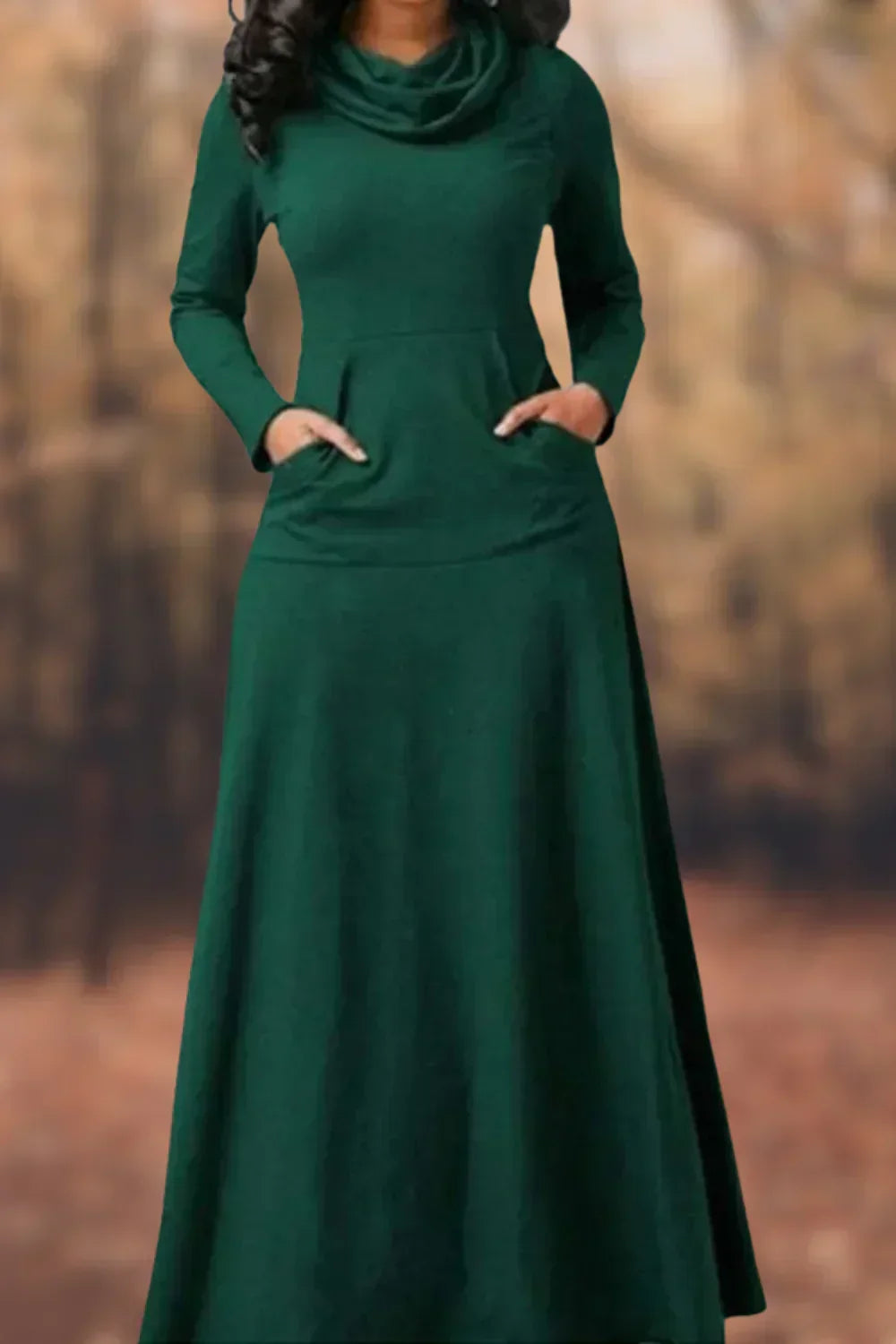 Knit Cowl Neck Long Sleeve Kangaroo Pocket Maxi Dress - View 3