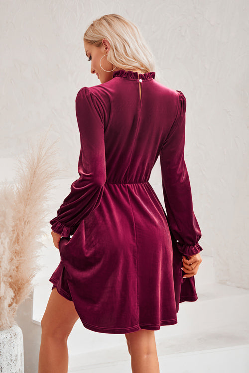 Velvet Mock Neck Long Sleeve Fit and Flare Mini Dress 5