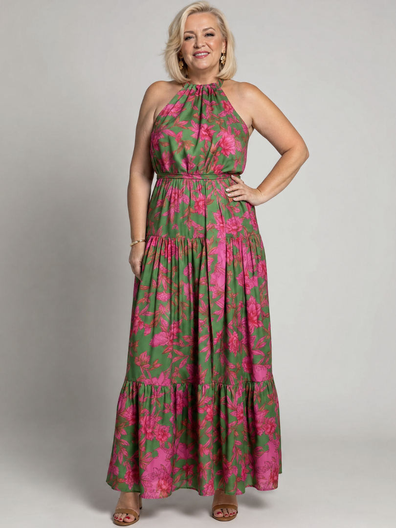 Floral Halter Neck Sleeveless Tiered Belted Maxi Dress 7