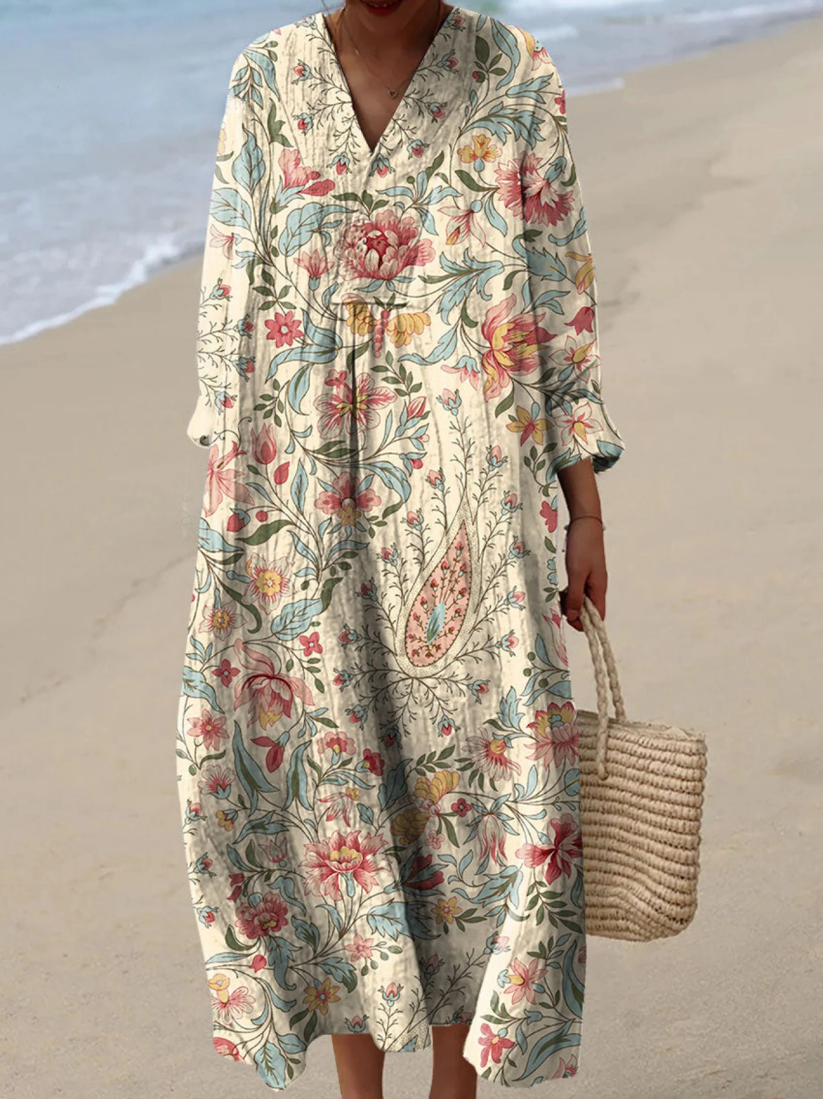 Floral Paisley V-Neck Long Sleeve Kaftan Maxi Dress 4