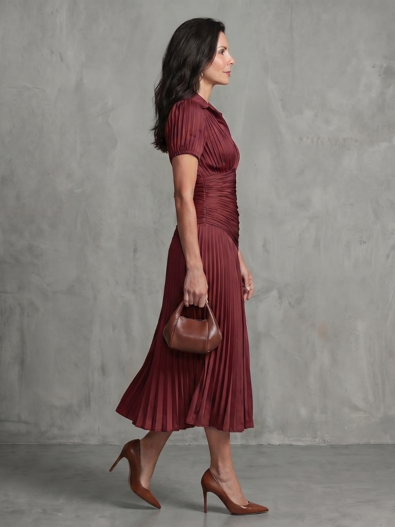 Striped Collared Short Sleeve Ruched Pleated Midi Dress 6