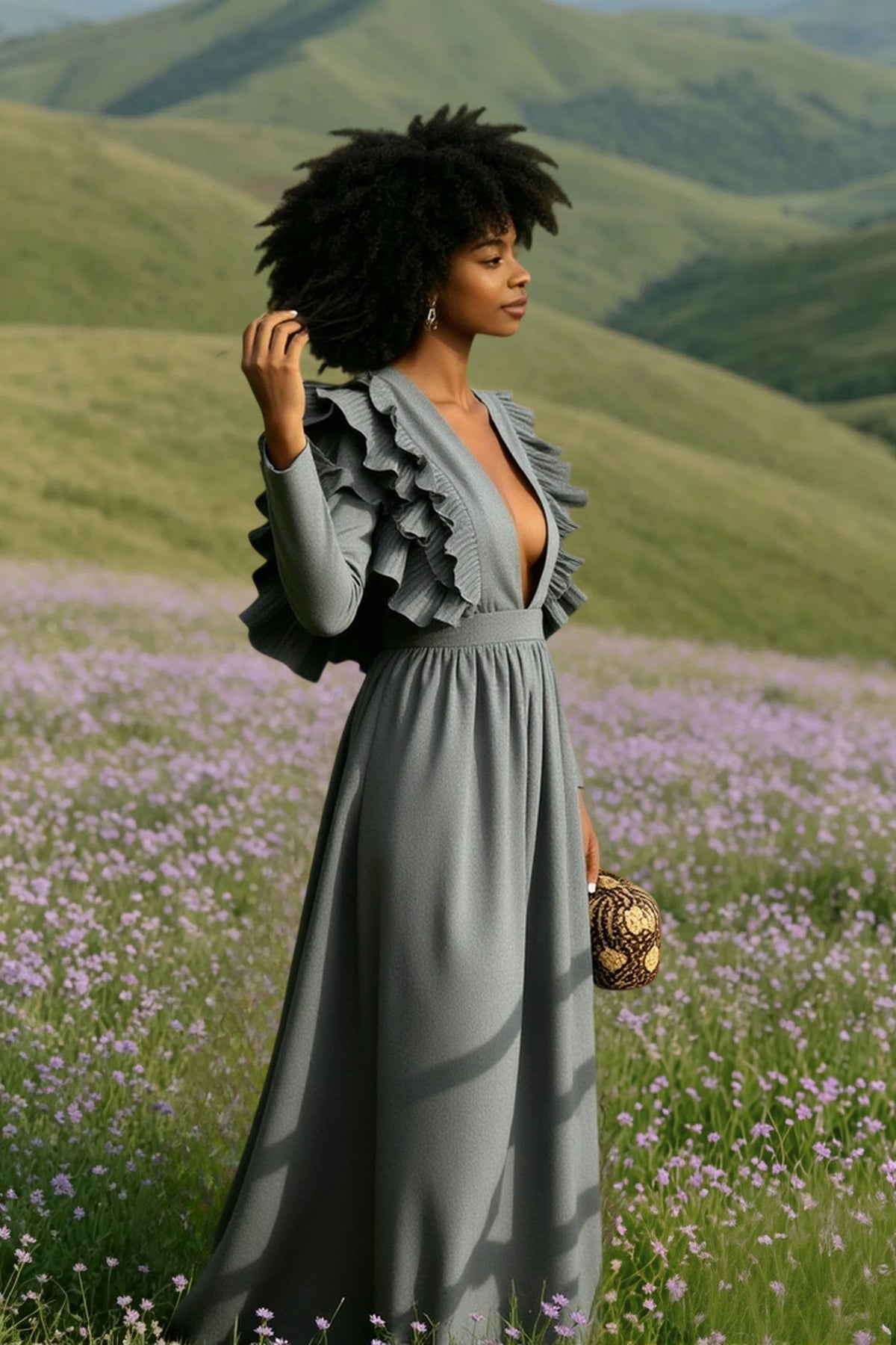 Deep V-Neck Ruffle Sleeve Pleated A-Line Maxi Dress 9