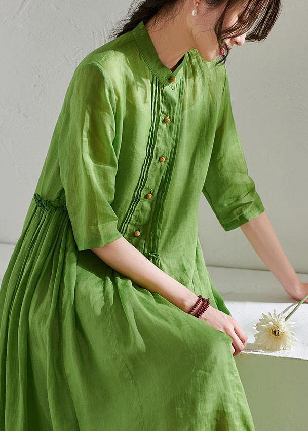 Mandarin Collar Button Placket Pintuck Drop Waist Half Maxi Dress - View 3