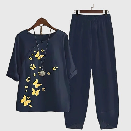 Butterfly Print Short Sleeve Top and Wide Leg Pants Two Piece Set 2
