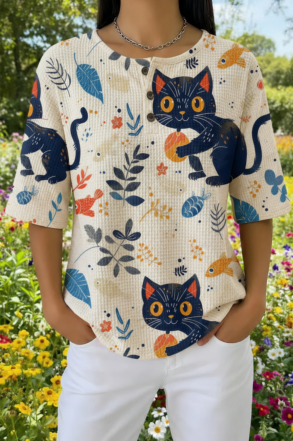 Cartoon Cat and Floral Print Button Henley Short Sleeve Waffle Top