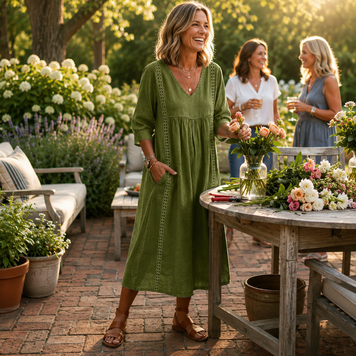 V-Neck 3/4 Sleeve Ladder Trim Linen Look Midi Dress 4