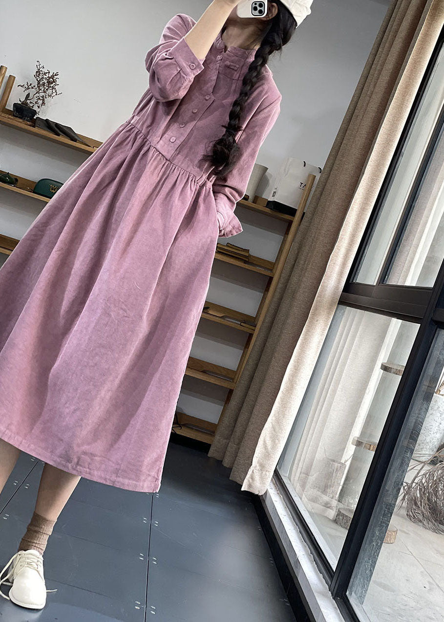 Corduroy Mock Neck Button Front Long Sleeve Pocket Midi Dress - View 2