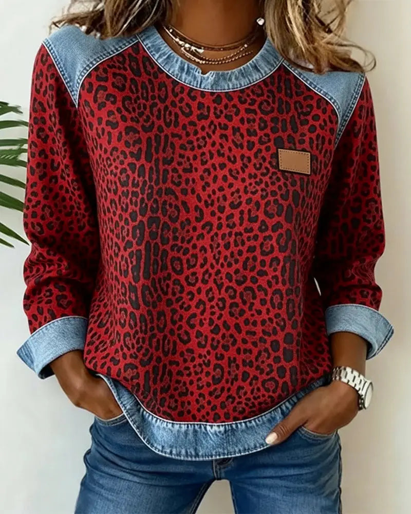Leopard Print Denim Look Contrast Crew Neck Sweatshirt 3