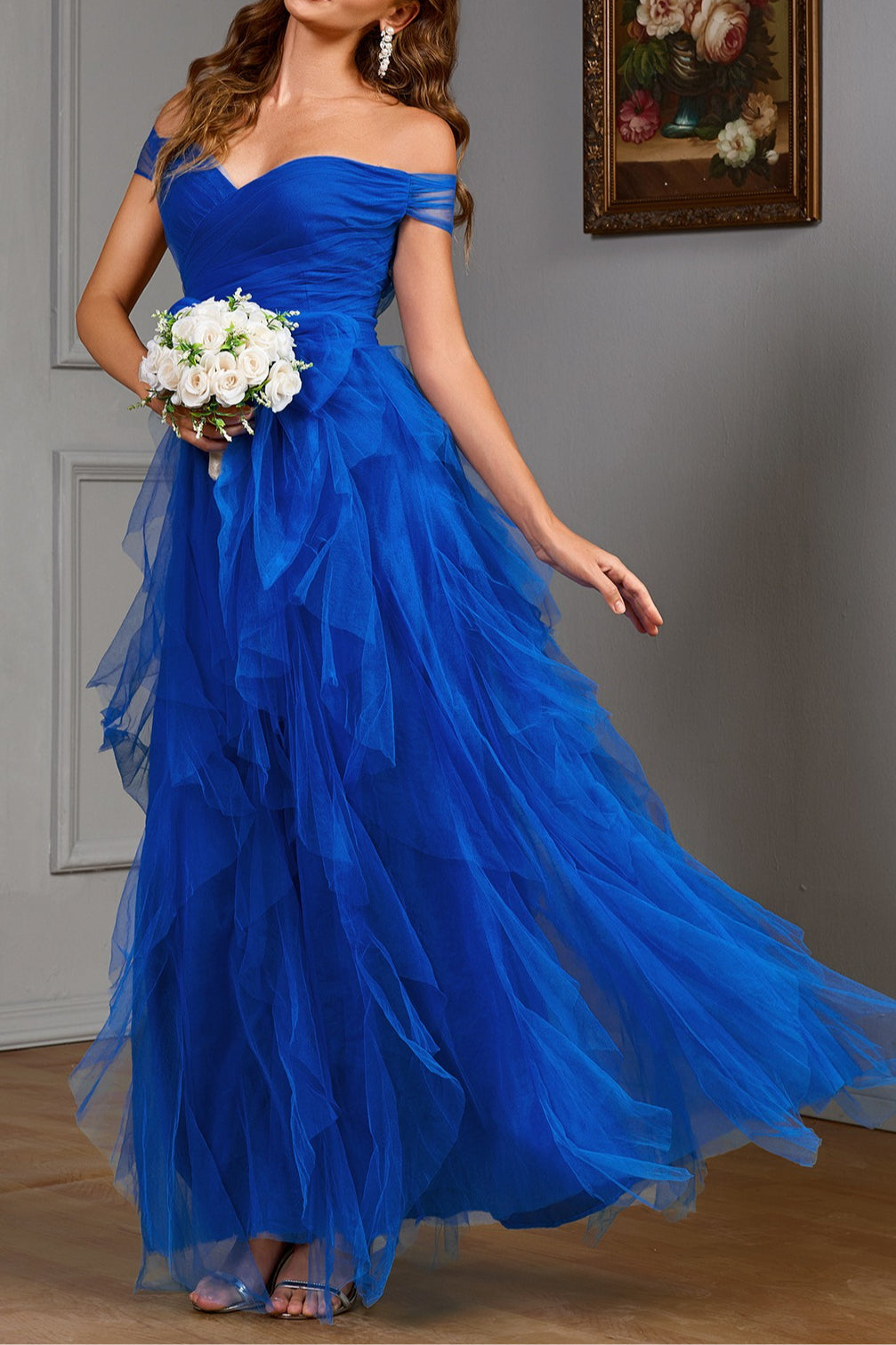 Off Shoulder Sweetheart Ruched Tiered Tulle A-Line Maxi Gown - View 6