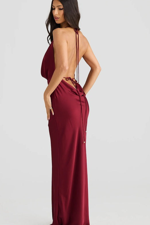 Satin Cowl Neck Halter Plunge Backless Mermaid Maxi Gown - View 3