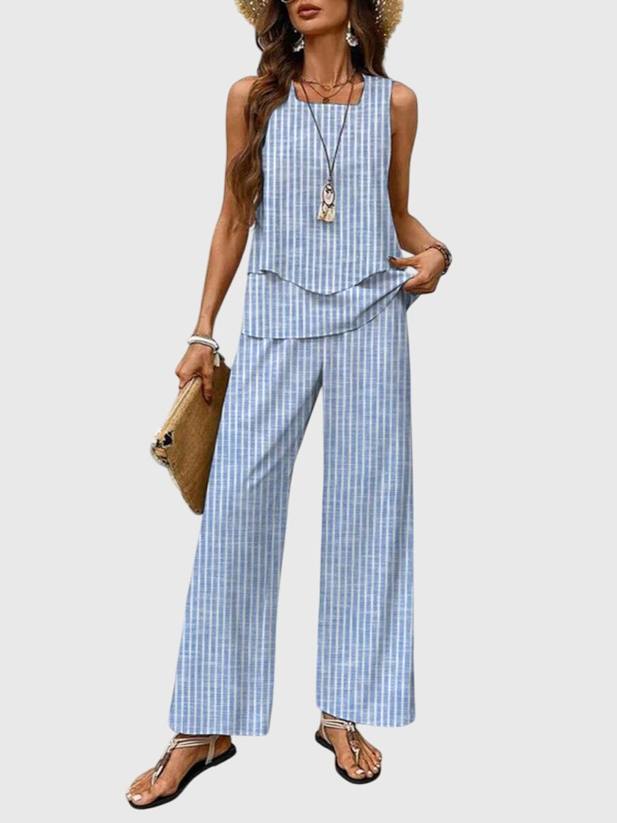Sleeveless Top and Leaf Print Wide Leg Pants Two Piece Set 7