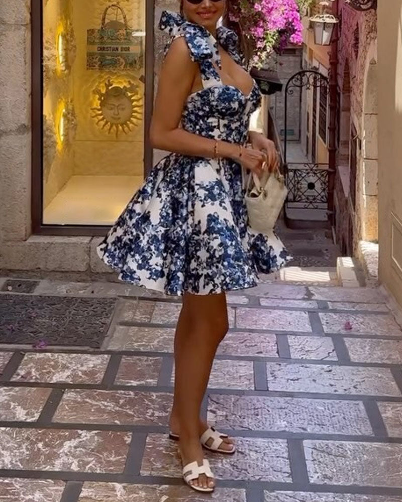 Floral Print Sweetheart Bustier Bow Strap Fit and Flare Mini Dress - View 5