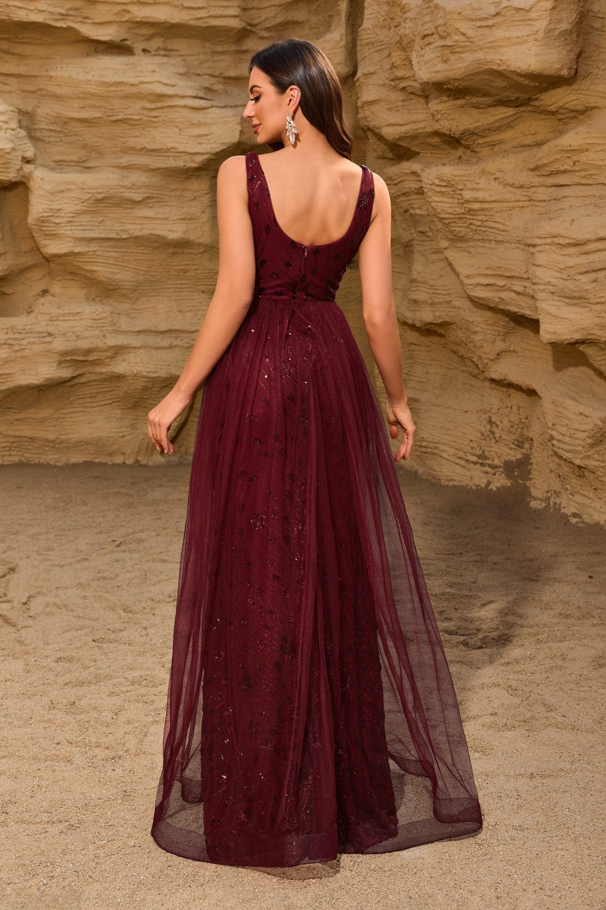 Sequin V-Neck Tulle Overlay Mermaid Prom Gown - View 4