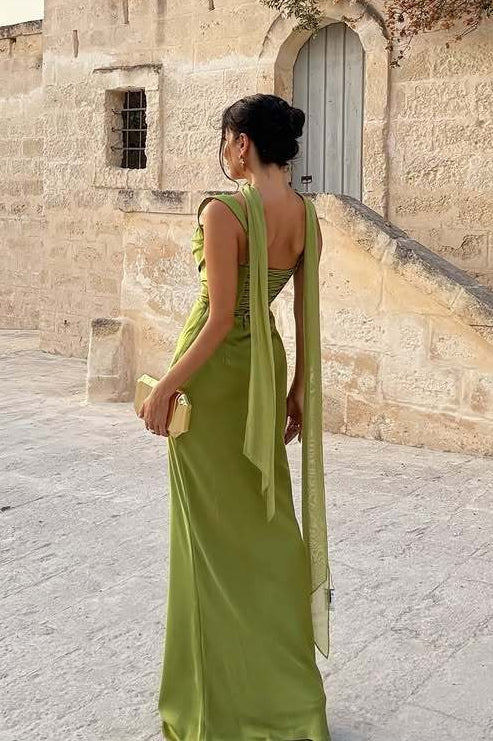 Satin Square Neck Ruched Slim Fit Maxi Prom Dress - View 7