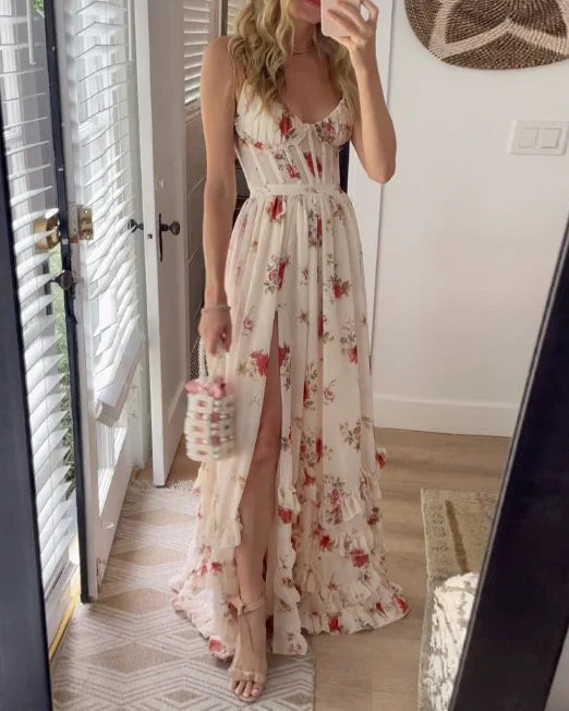 Floral Corset Bodice High Split Ruffle Hem Maxi Dress 2