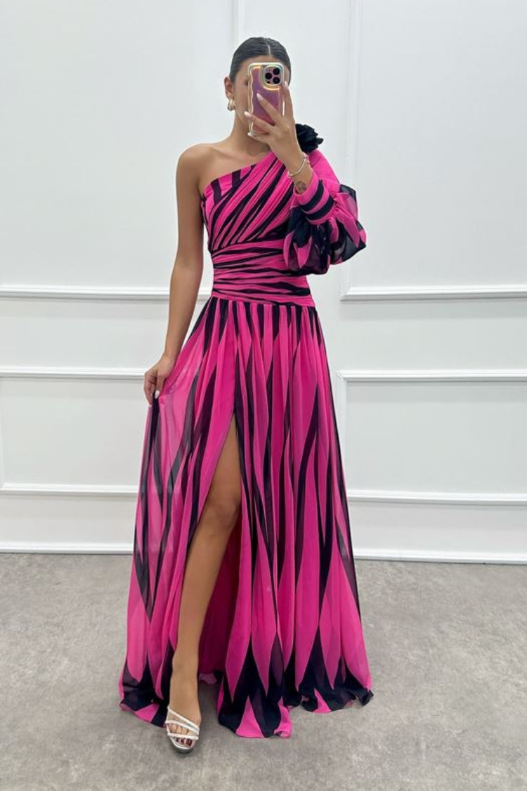 One Shoulder Puff Sleeve Ruched Waist Pleated High Split Maxi Gown - View 6