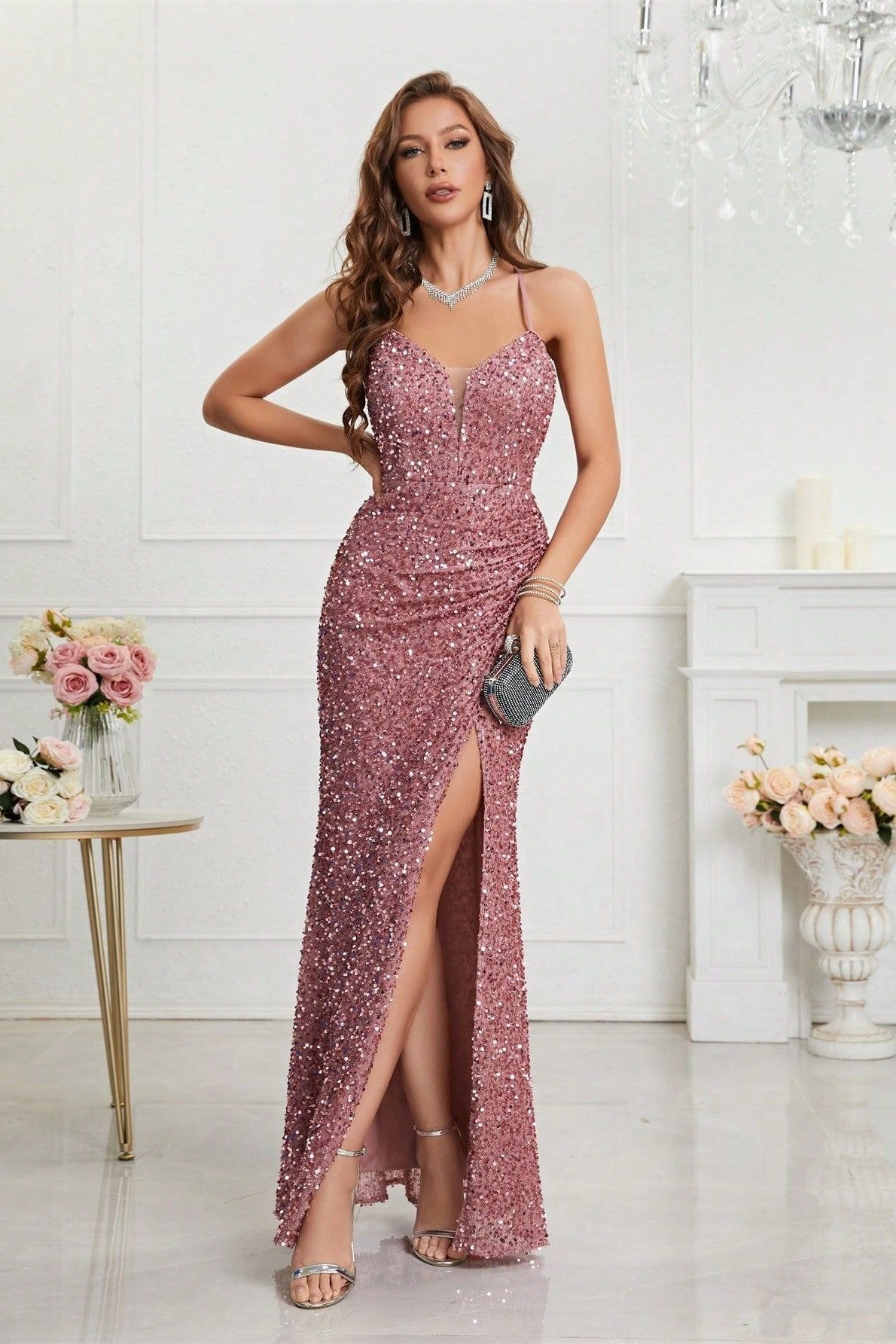 Sequin Spaghetti Strap Sweetheart High Split Ruched Bodycon Dress - View 2