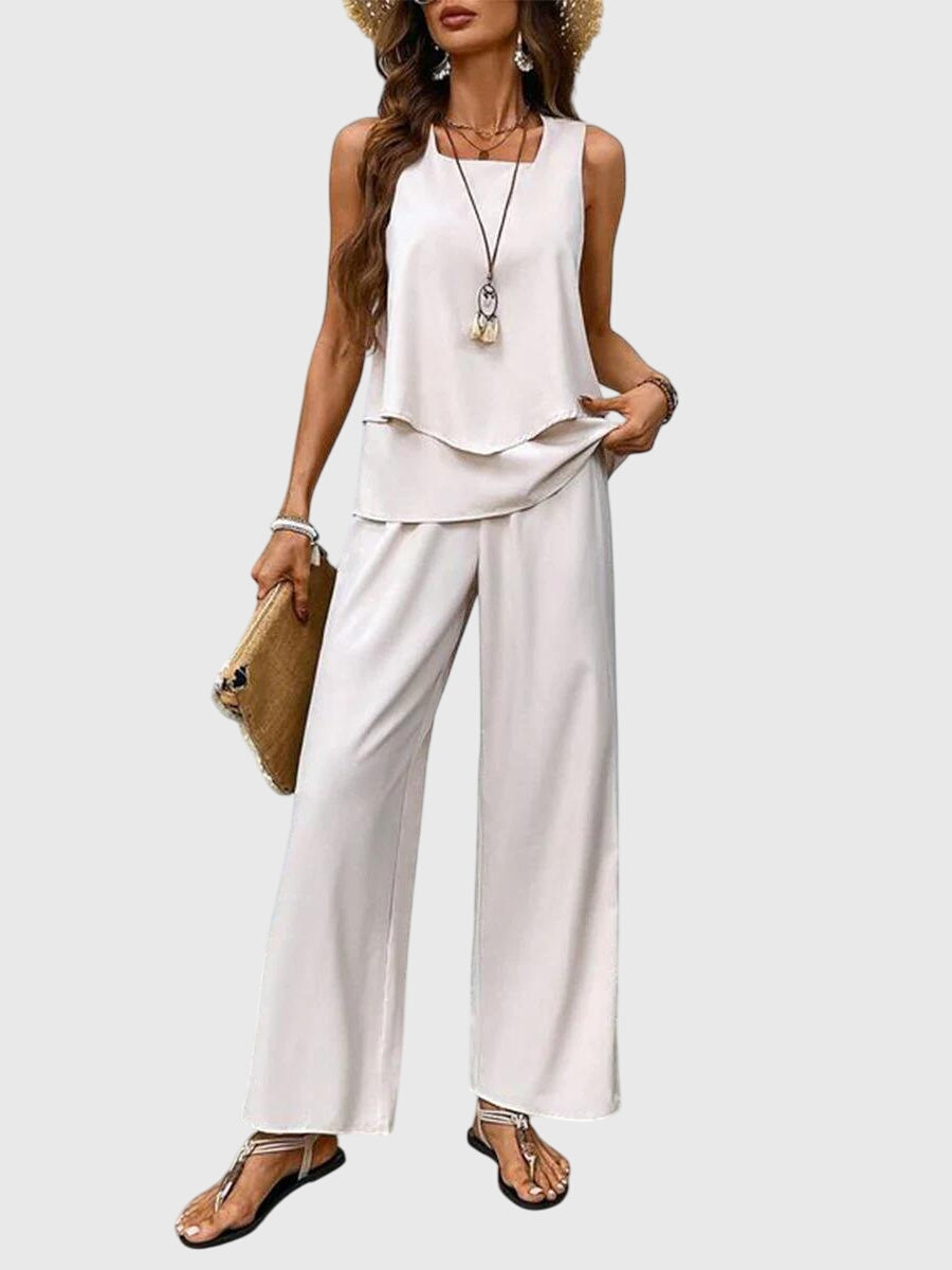 Sleeveless Top and Leaf Print Wide Leg Pants Two Piece Set 5