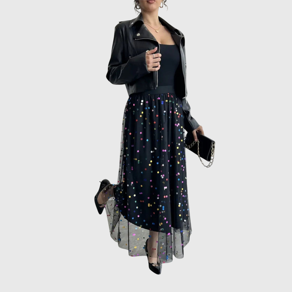 High Waist Sequin Dot Tulle Midi Skirt 4