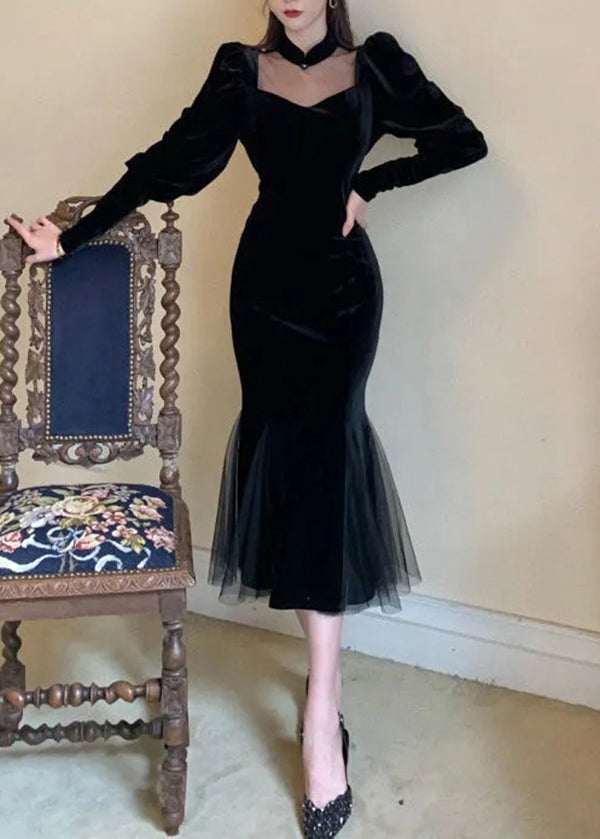 Velvet Sweetheart Choker Collar Puff Sleeve Mesh Panel Mermaid Gown - View 5