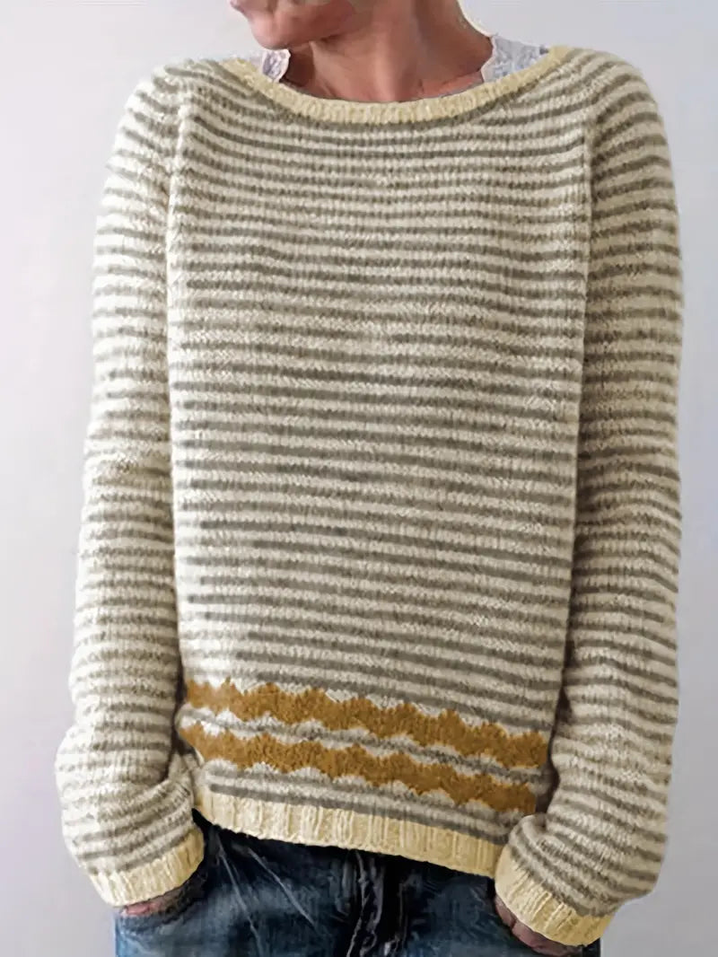 Round Neck Long Sleeve Striped Ribbed Knit Sweater 3