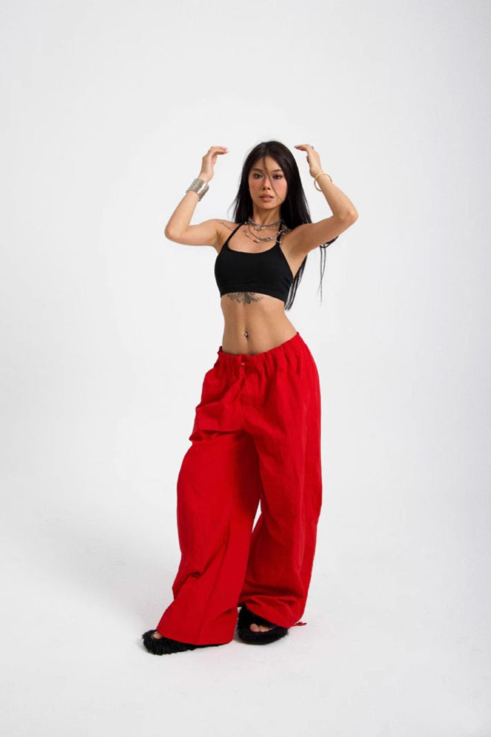 Embroidered Parachute Cargo Straight-Leg Cargo Pants