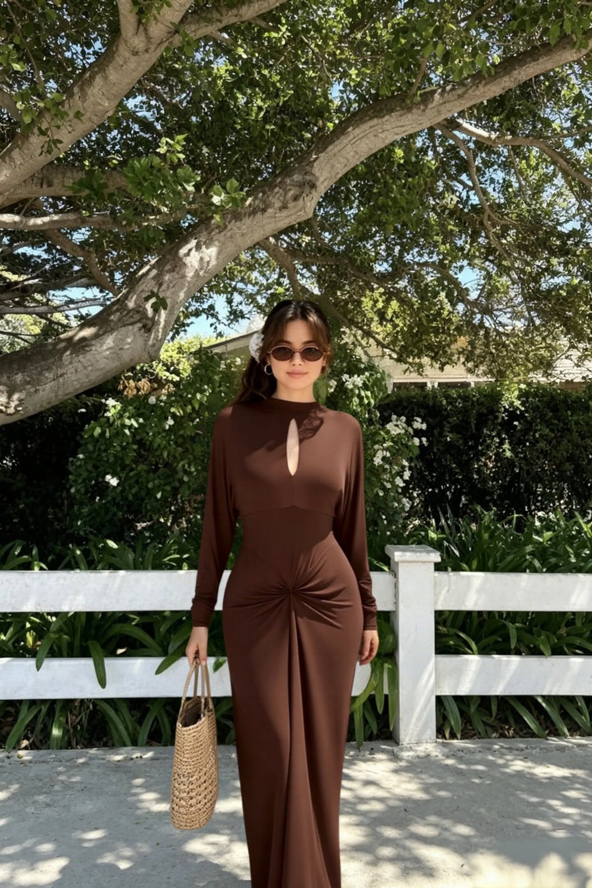 Mock Neck Long Sleeve Keyhole Twist Front Maxi Dress