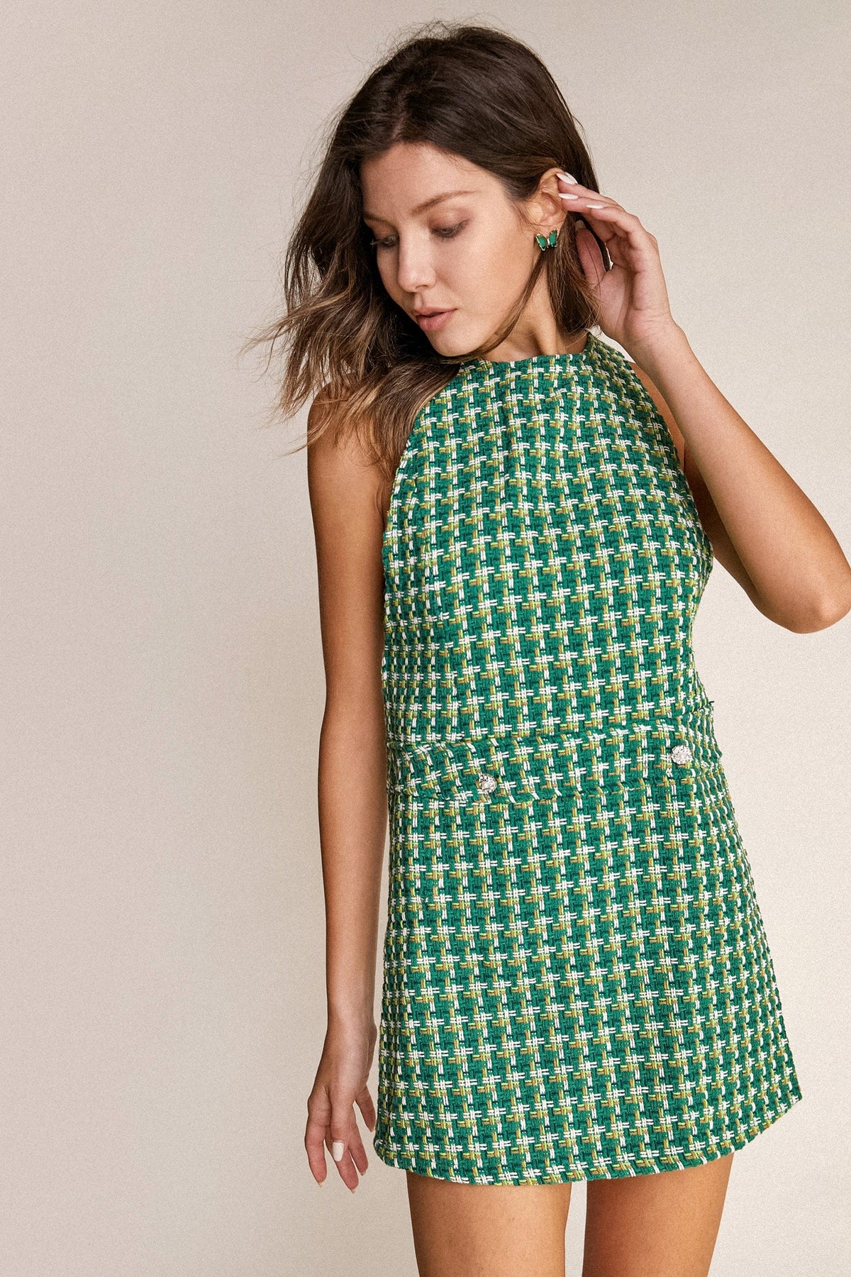 Checkered Plaid Tweed Sleeveless Mini Dress - View 6