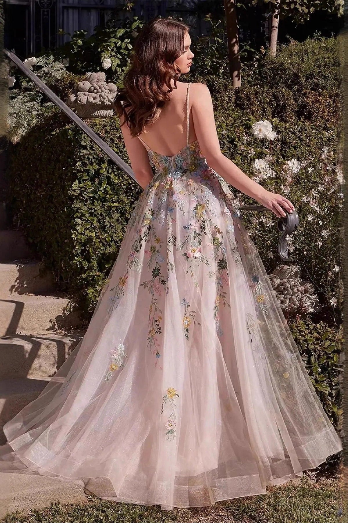 Floral Spaghetti Strap Deep V-Neck High Split A-Line Prom Gown - View 3