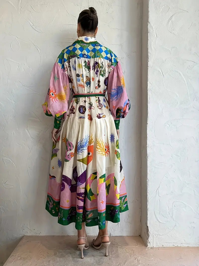 Collar Button Front Balloon Sleeve Tie Waist Printed Maxi Summer Dress - View 3