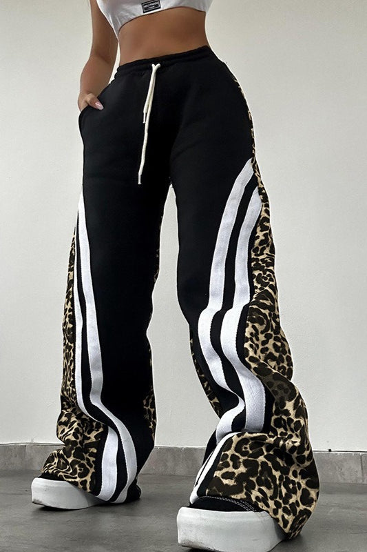 Leopard Print Stripe Color Block High Waist Loose Pants