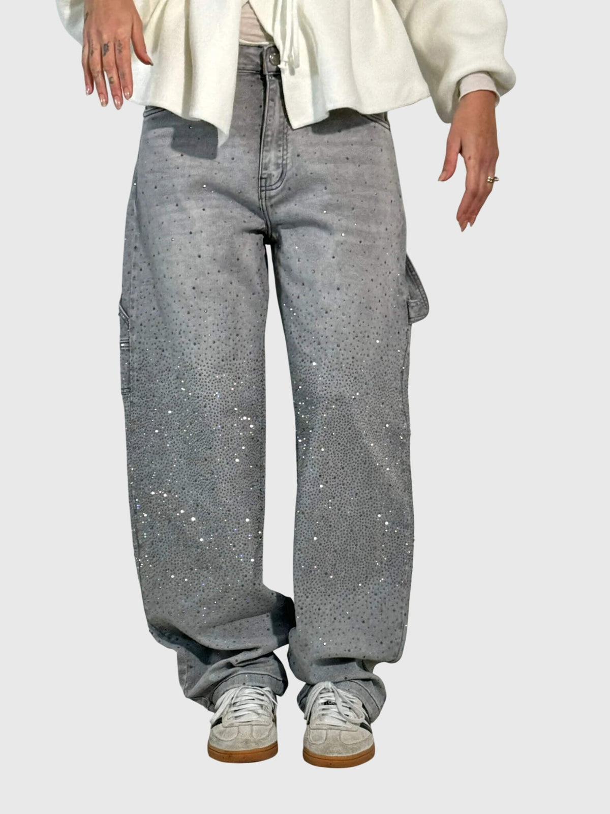 Rhinestone Embellished Wide Leg Cargo Jeans 14