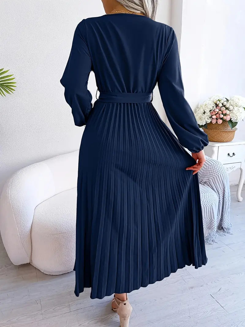 Wrap V-Neck Long Sleeve Pleated Tie Waist Maxi Dress - View 8