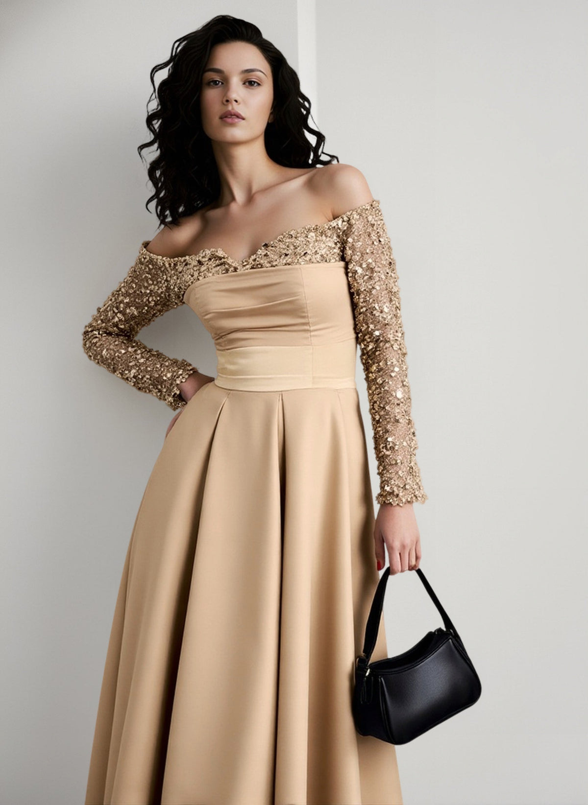 Sequin Off Shoulder Long Sleeve Pleated Satin A-Line Ball Gown - View 2
