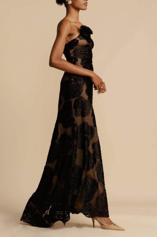 Floral Rosette One Shoulder Mesh Mermaid Gown - View 3