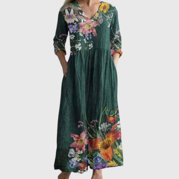 Ornate Floral Print V-Neck Half Sleeve Pocket Midi Dress 3