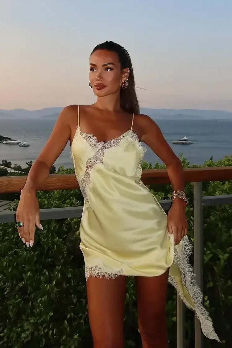 Alluring Asymmetric Lace Trim Fitted Mini Dress