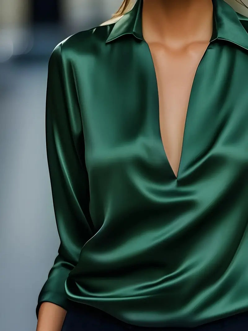 Collared Deep V-Neck Long Sleeve Satin Blouse 22