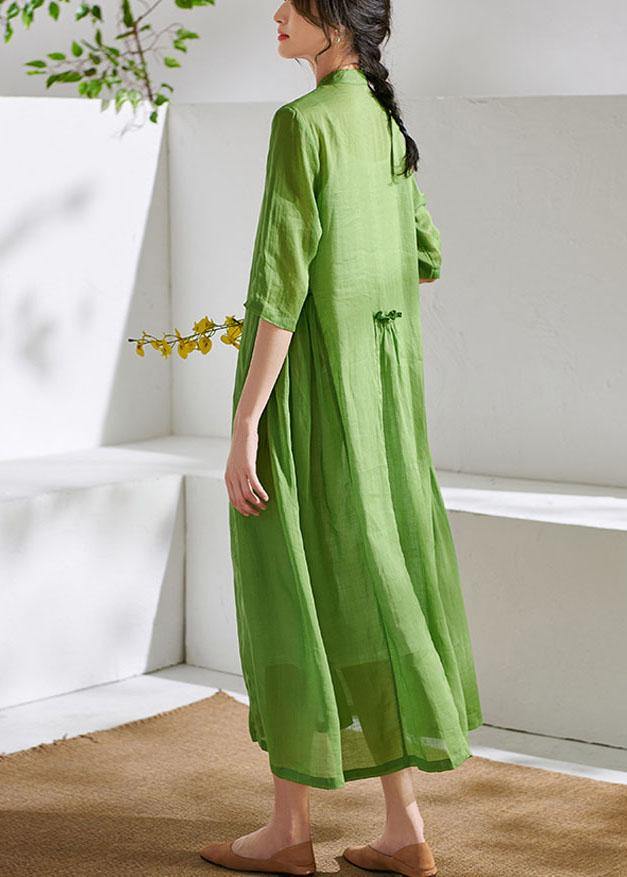 Mandarin Collar Button Placket Pintuck Drop Waist Half Maxi Dress - View 4