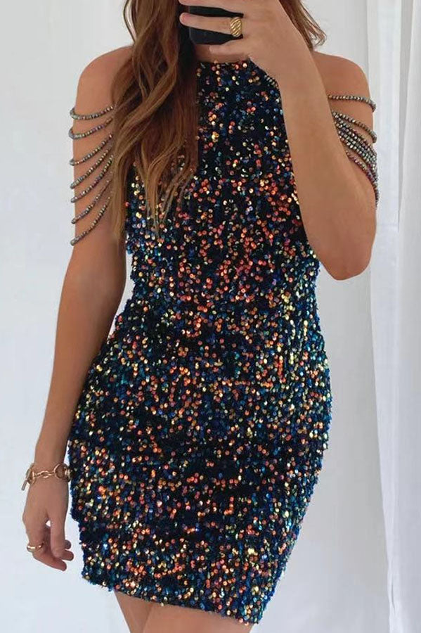 Sequin High Neck Tassel Shoulder Bodycon Mini Dress - View 10