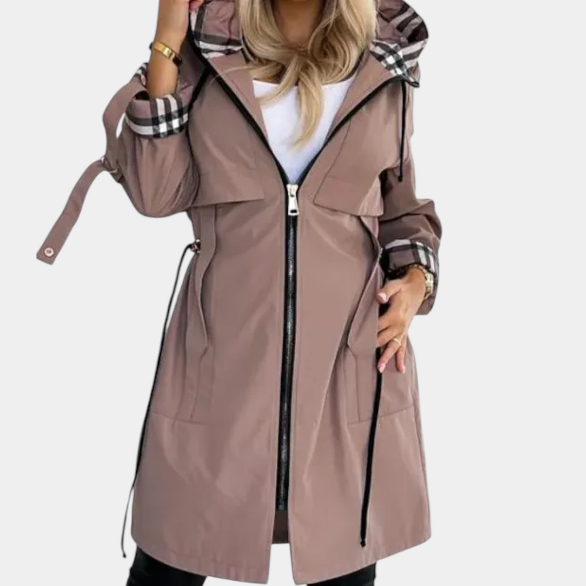 Hooded Zip Front Drawstring Longline Rain Coat 2